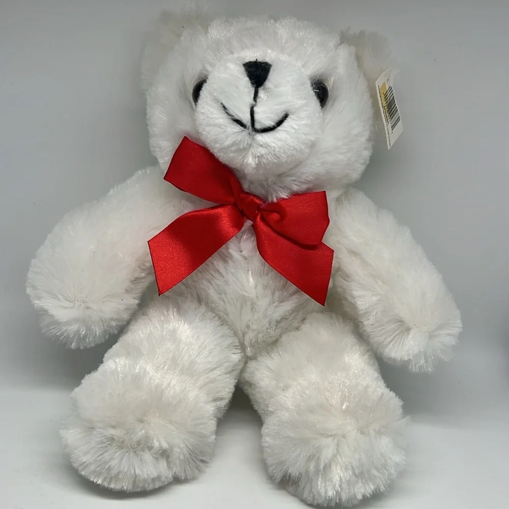 White teddy bear with red bow - Picture 1 of 6